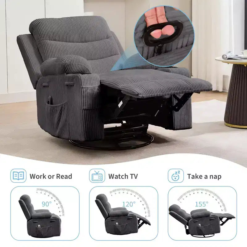 Oversized 360 Swivel Rocker Recliner with Massage & Heat - Ergonomic Lounge Chair with Cup Holders, Side Pockets for Living Room, Nursery