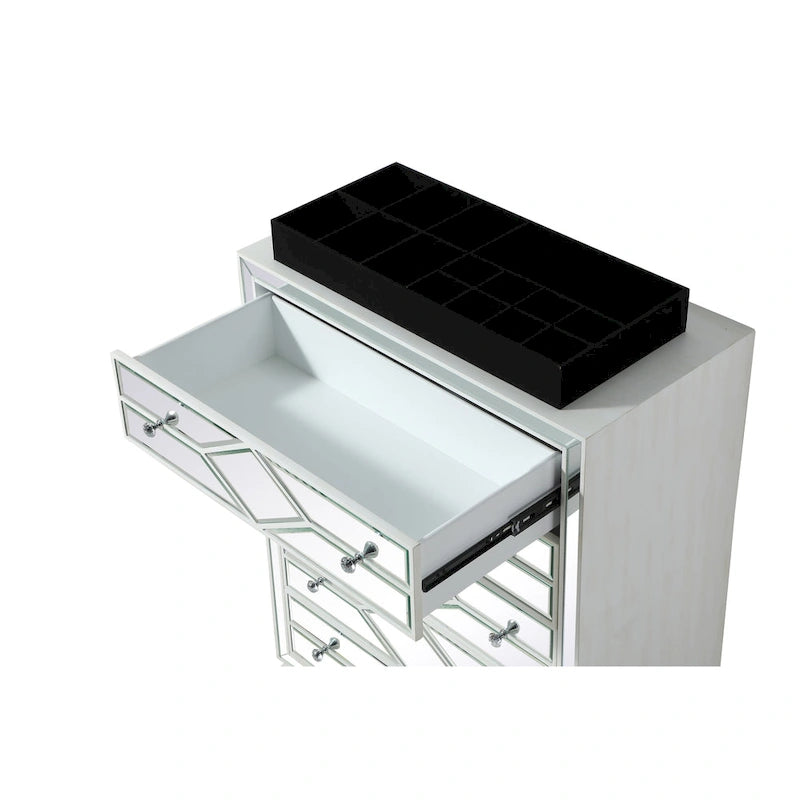 5-Drawer Chest – Antique White / Silver, Beveled Mirror Panels, Crystal Knobs, Hand-Painted Finish
