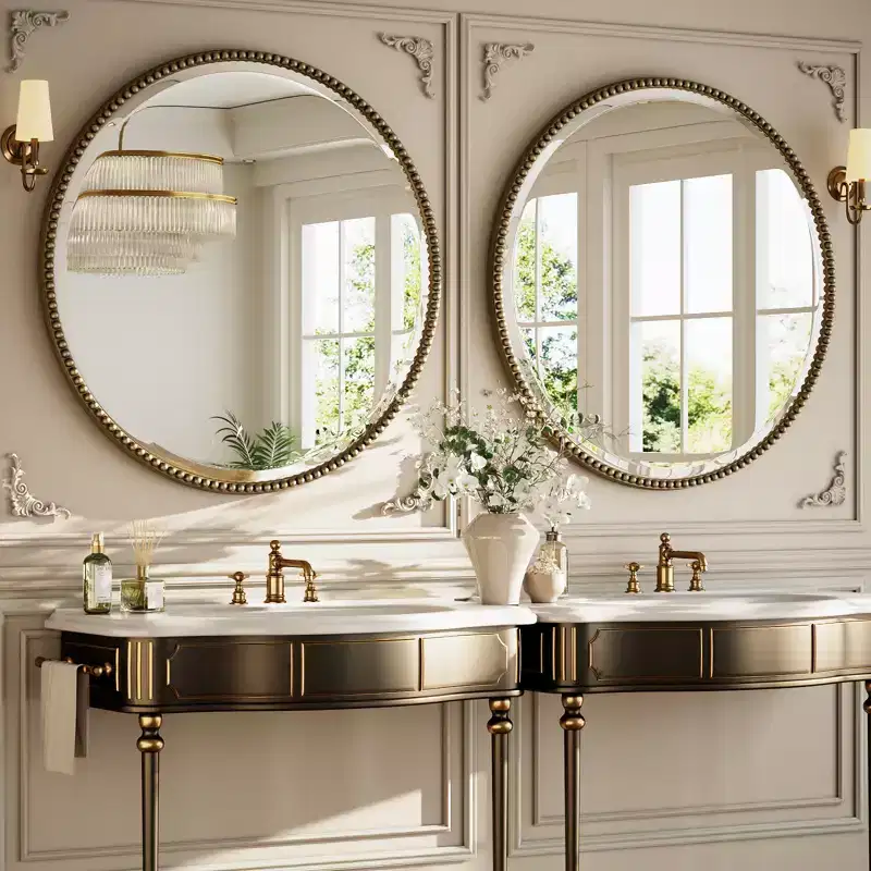 Beaded Round Wall Mirror - Decorative Vanity Bathroom Mirror with Resin Frame