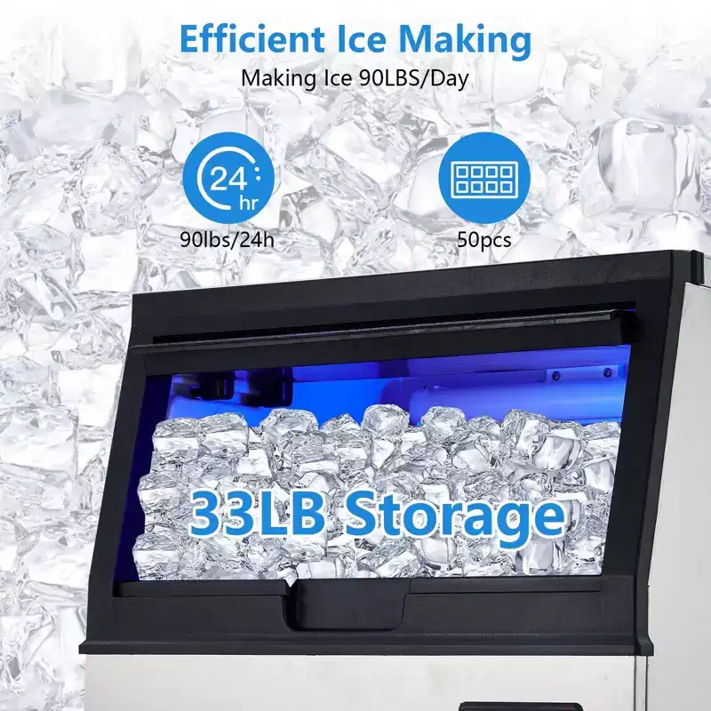 Commercial Ice Maker, 100lbs/24H Ice Machine, 50 Ice Cubes in 8-15 Minutes, Freestanding Cabinet Ice Maker with 33lbs Storage Capacity,2 Water Inlet