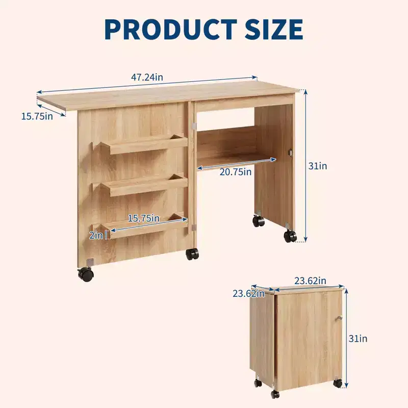 Folding Sewing Table and Compact Craft Station with Lockable Wheels, Sewing Machine Desk with Storage Shelves, Trays and Pegs