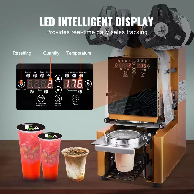 VEVOR Fully Automatic Cup Sealing Machine, 500-650 Cups/H, Cup Sealer Machine for 190 mm Tall & 90/95 mm Cup, with Digital Control LCD Panel, Gold