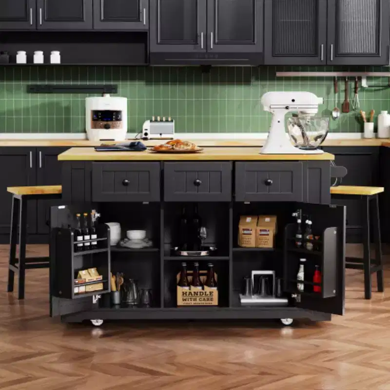 53 White Large Kitchen Island with Drop Leaf & 5 Wheels