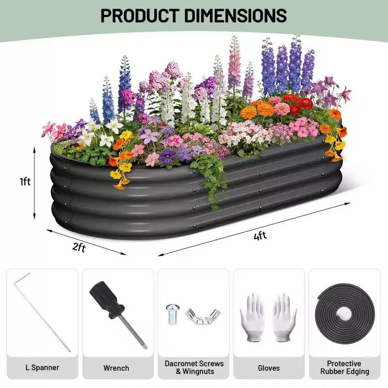 2 Pcs Galvanized Raised Garden Bed, Raised Garden Beds Outdoor, Oval Planter Raised Beds with Gloves and Rubber Edge Trim for Vegetable