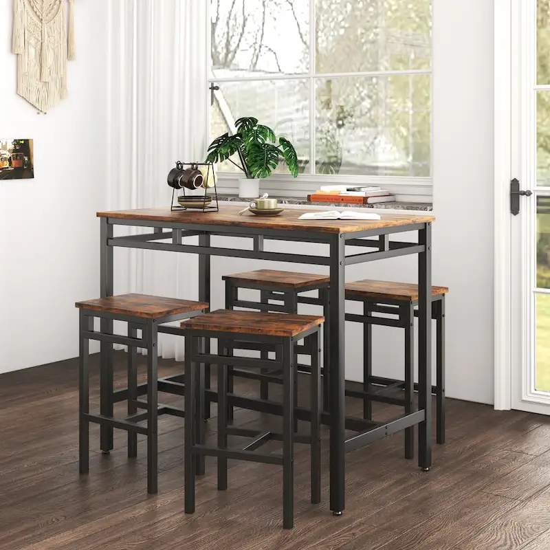 Counter Height Dining Table Set with 4 Bar Stools Metal Frame Vintage Wooden Tabletop Rectangular Dining Table, 5-Piece