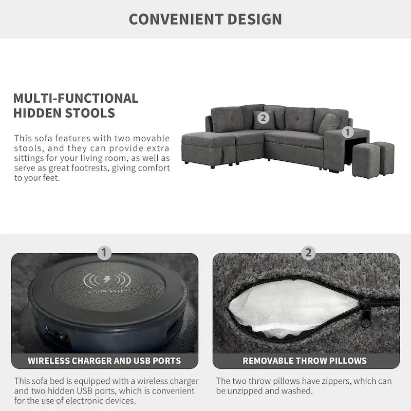 Roomfitters Convertible Sleeper Sectional Sofa Bed with Storage Ottoman, Two Throw Pillows, Two Stools, Wireless Charger