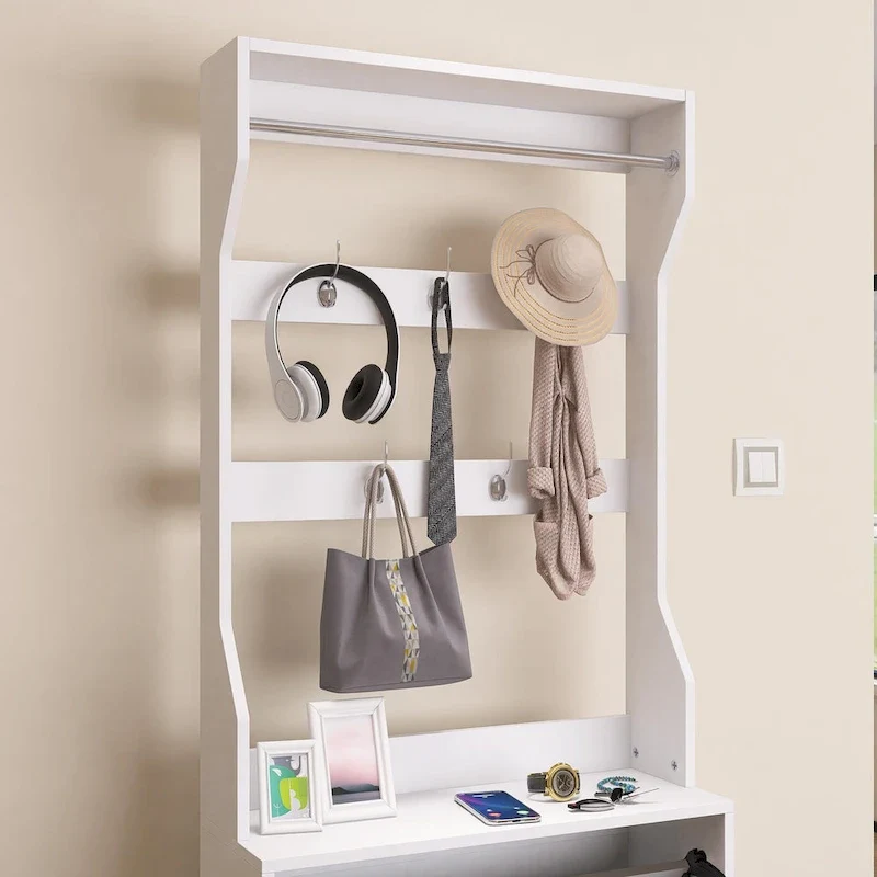 White Flip-Down Shoe Cabinet with Mirror Hooks Hanger Rod Tabletop Entryway Storage