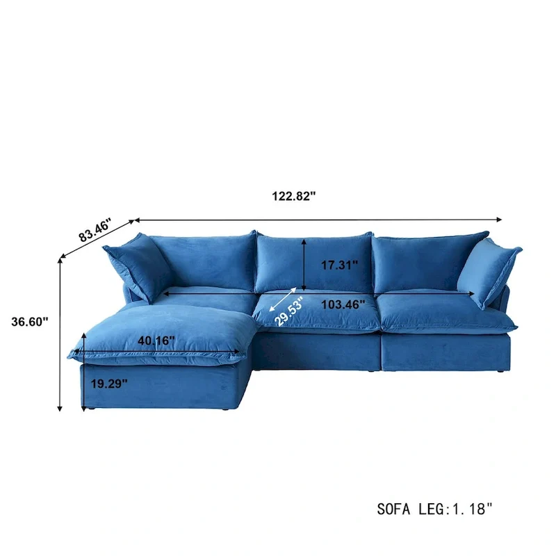 Cloud Sectional Sofa Down Feather Modular Couch L-shaped Velvet Wide Deep Seat Convertible Sofa.