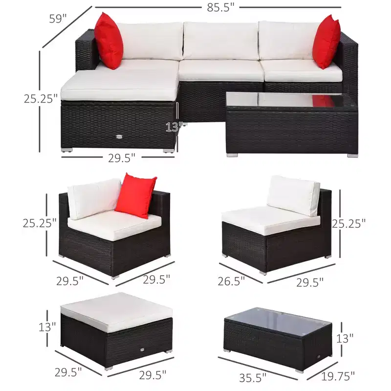 5-Piece Patio Furniture Set with Cushions, Outdoor PE Rattan Wicker Sofa Set, Sectional Furniture with Pillows, Glass Coffee Table for Garden