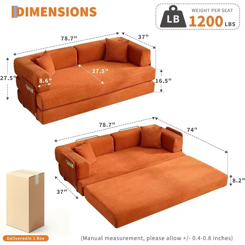 Convertible Couch, Folding Sofa Bed with 2 Pillows, Plush Corduroy Boneless Convertible Sofa, No Assembly Required for Living Room, Bedroom