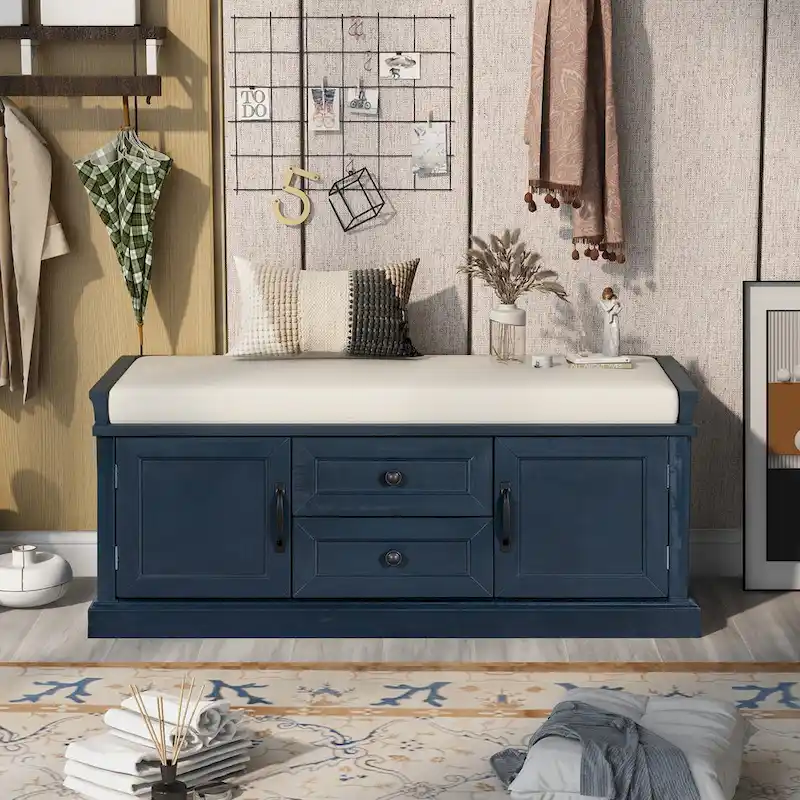 Storage Shoes Bench with 2 Drawers, 2 Cabinets and Removable Cushion