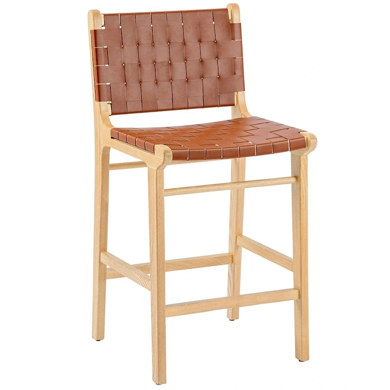 Woven Leather Counter Height Bar Stool, Ash Wood Frame, No Assembly