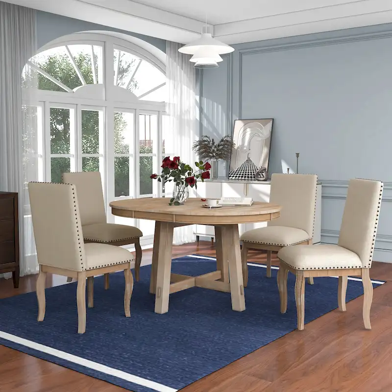 5 Piece Dining Table Set, Wooden Round Kitchen Dining Table Set with Extendable Dining Table and 4 Upholstered Dining Chairs