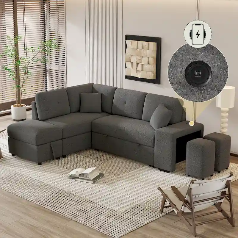 Roomfitters Convertible Sleeper Sectional Sofa Bed with Storage Ottoman, Two Throw Pillows, Two Stools, Wireless Charger