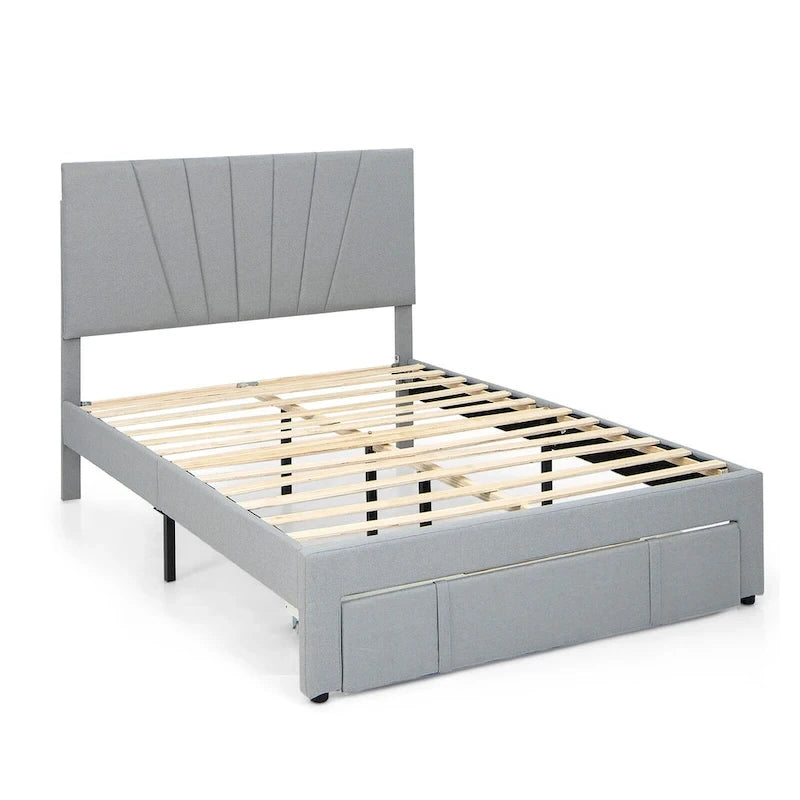 Linen Platform Bed Frame – Grey, Adjustable Headboard, 1 Pull-Out Drawer, Full / Queen, Sleeps 1