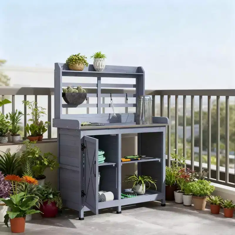 Whisen Patio Wooden Potting Bench, Outdoor Garden Work Station Table with Storage Cabinet, Open Shelf and Removable Sink