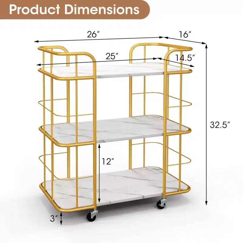 3-Tier Kitchen Storage Utility Cart Gold Rolling Bar Serving w/Lockable Casters