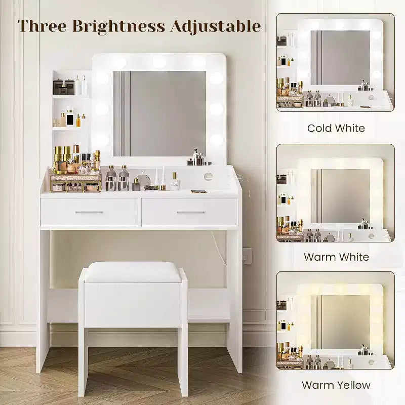 Vanity Desk with Mirror, Makeup Vanity with Cushioned Stool, 3 Lighting Modes Adjustable Brightness