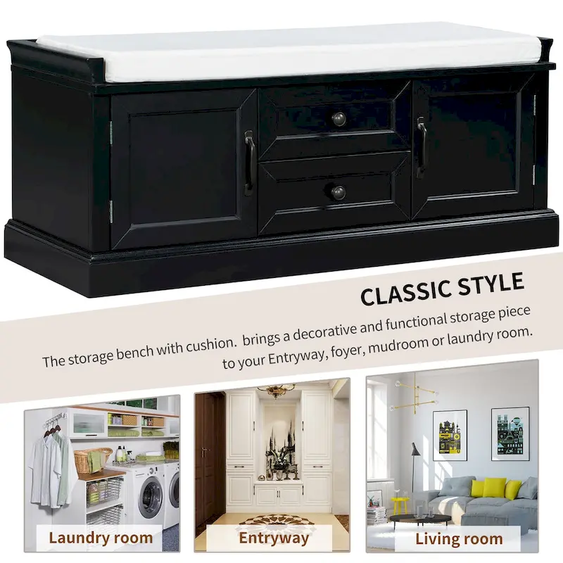 Storage Shoes Bench with 2 Drawers, 2 Cabinets and Removable Cushion