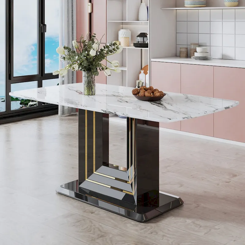 Marble Top Dining Table with Black Gold Accent Pedestal Base