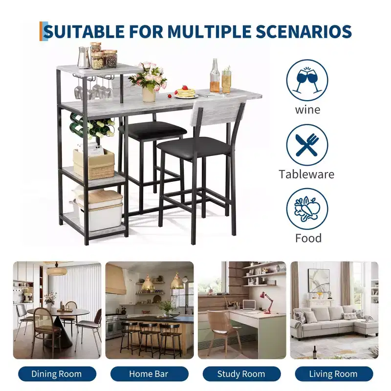 Dining Table Set for 2, Kitchen Table and Chairs, Bar Table Set with 2 Bar Stools, 3 Piece Dining Room Table Set for Small Space, Apartment