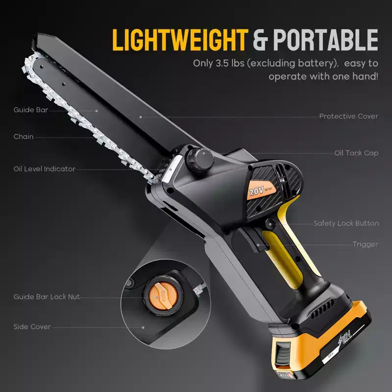 Cordless 8 in Mini Chainsaw Brushless Motor 20V Battery Auto-Oiling Safety Lock
