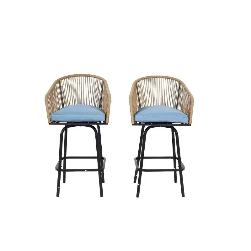 Whisen 2-Piece Patio Bar Stools with Armrests & Backrest, Wicker Bar Stools for Backyard, Garden