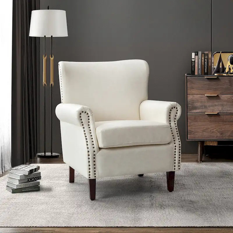 Transitional Leather Armchair with Nailhead Trim Rolled Arms