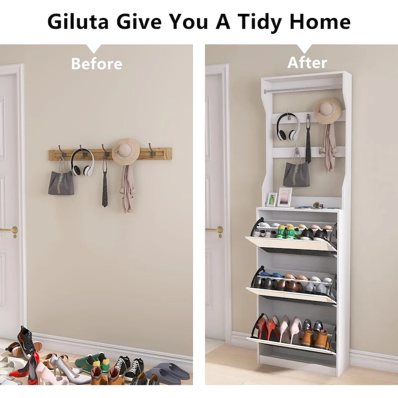 White Flip-Down Shoe Cabinet with Mirror Hooks Hanger Rod Tabletop Entryway Storage