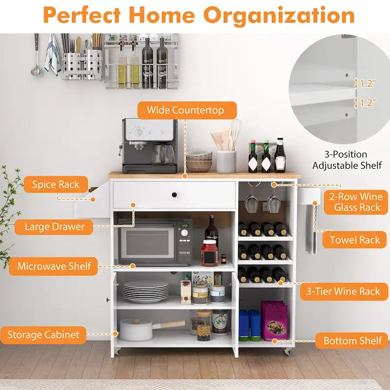 Kitchen Island Cart – White / Brown / Black, Drop-Leaf, Power Outlet, Wine Rack, Microwave Shelf, Casters