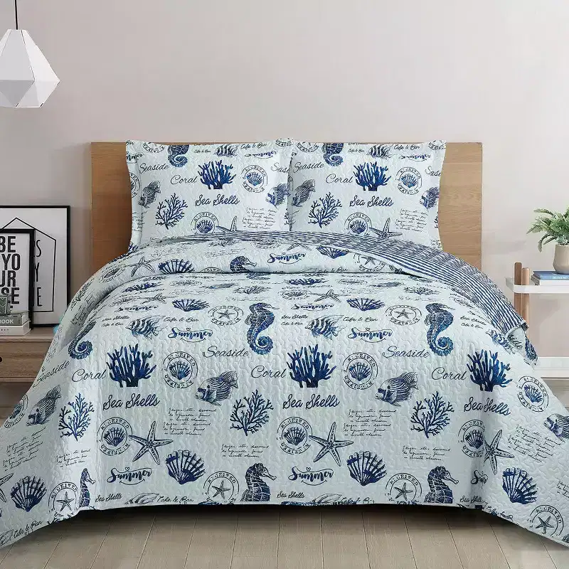 Egyptian Linens Seaside Sea Shells Quilt - Bedspread Set