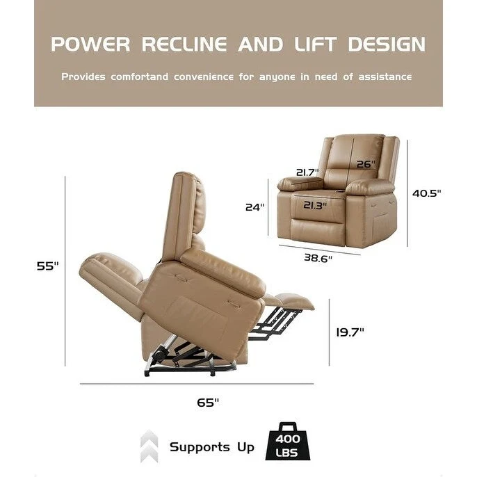 Faux Leather Power Lift Recliner, Heat & Massage, 1-Person �� Cognac / Coffee / Tan / Grey / Beige