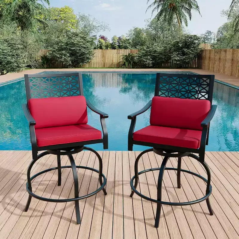 Acekool 2-Pack Outdoor Swivel Bar Stools with Cushions, 360 Rotating Counter Height Patio Chairs with Armrest & Backrest
