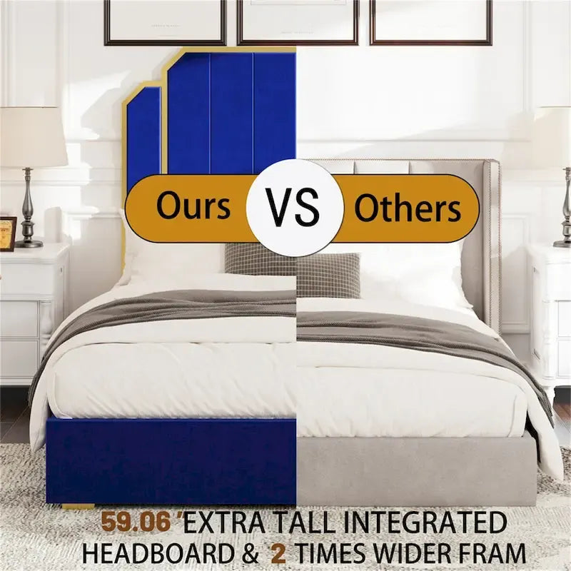 Queen Velvet Platform Bed – Gold + Creamy White / Black / Blue, Channel Headboard, 4 Storage Drawers, Sleeps 1