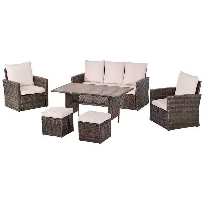 Outsunny 6 PCS Patio Dining Set All Weather Rattan Wicker Furniture Set with Wood Grain Top Table and Soft Cushions
