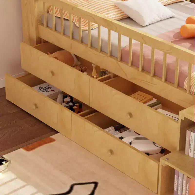 Whisen Low Twin Loft Bed with LED Lights, House Shape Headboard & Storage Drawers, Solid Construction