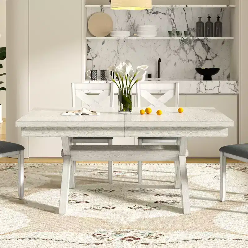 VECELO Rustic 6-Piece Extendable Dining Table Set, Rubber Wood Table with 4 Armless Upholstered Dining Chairs and Bench for Kitchen, Gray