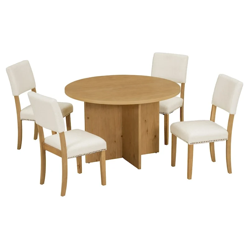 Modern 5-Piece Round Dining Table Set Pedestal Kitchen Table Set with 4 Upholstered Dining Chairs