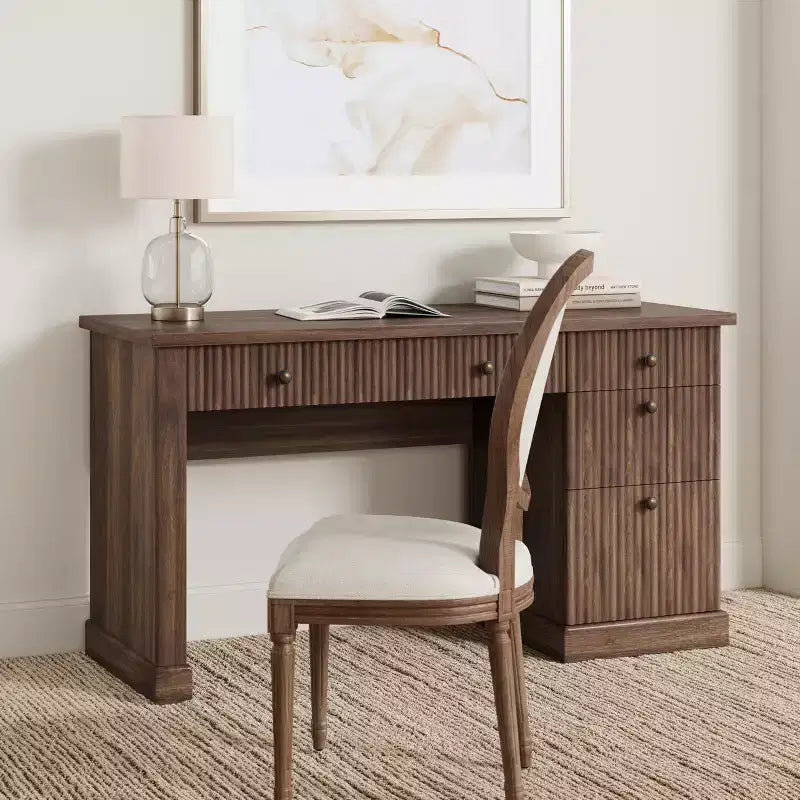 Fluted Home Office Desk Storage, 54 Modern Executive Desk with Charging Station, Wooden Computer Writing Desk with File Drawers for Study Room