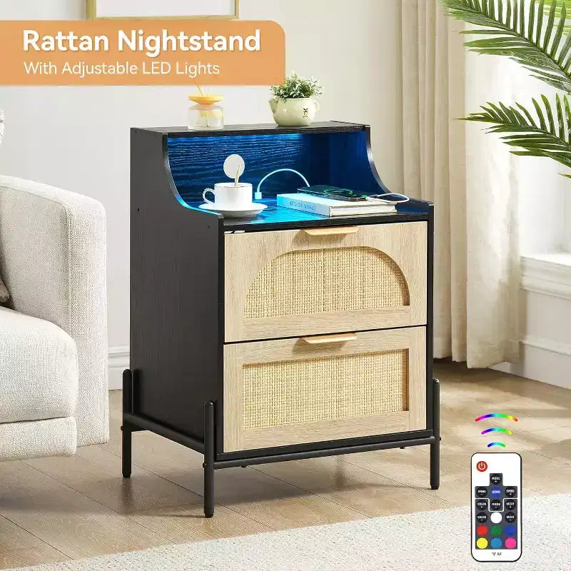 Nightstand with Outlets & USB - Adjustable Color Lighting Bedside Table, Rattan Side Table with 2 Drawers Storage