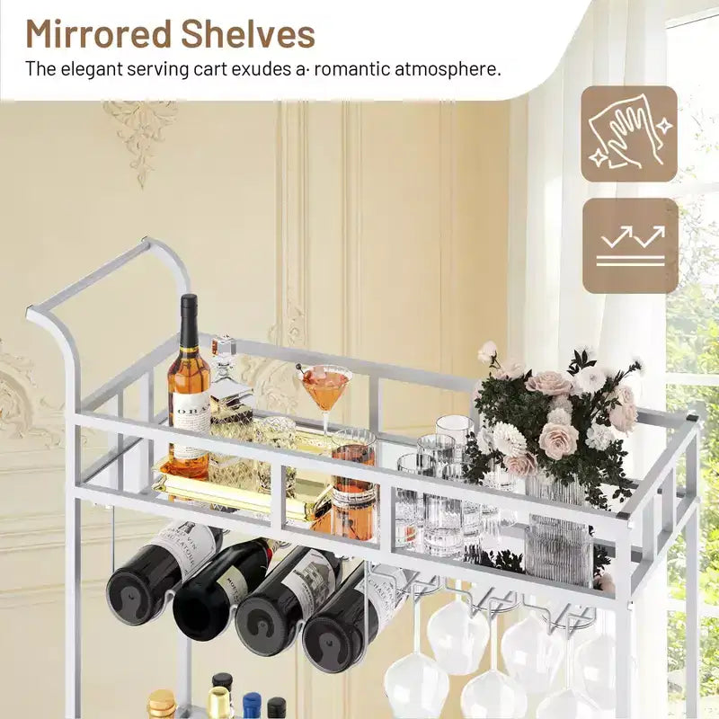 COZONY 2 Tier Bar Cart with Wine Rack and Glass Holder, Mirrored Mobile Serving Cart with Wheels for Kitchen Living Room