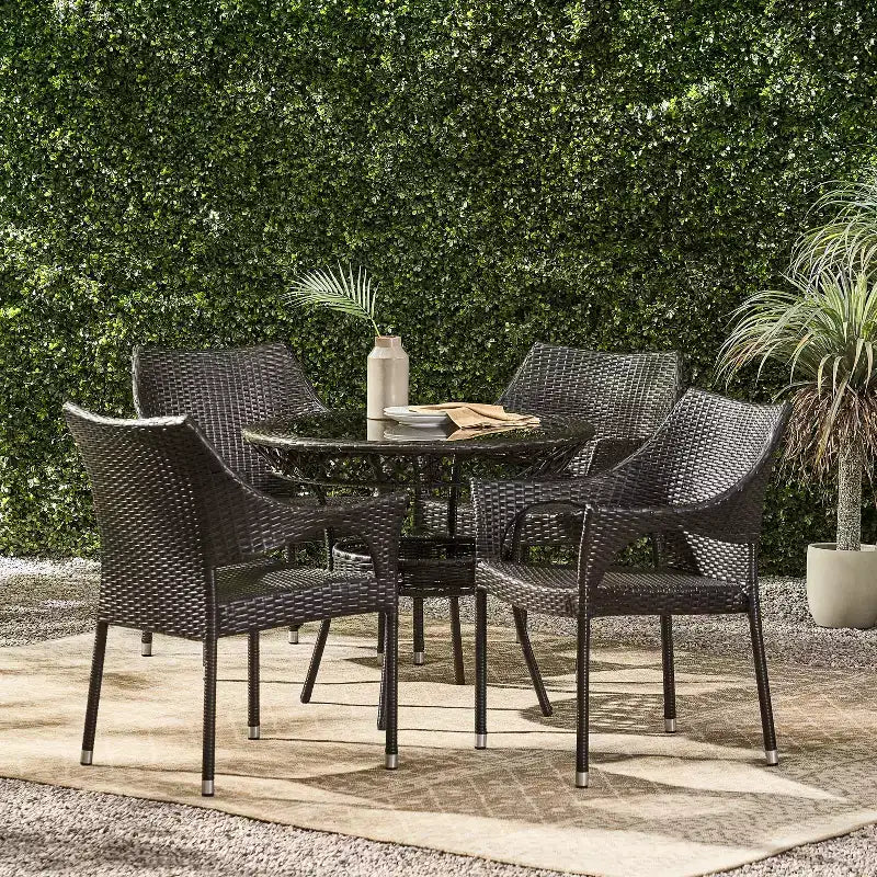 GDFStudio Blythe Outdoor Wicker and Tempered Glass 5 Piece Dining Set