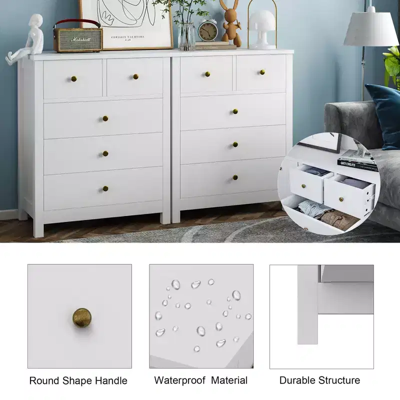5-Drawer Fluted Dresser with Gold Metal Handles and Legs