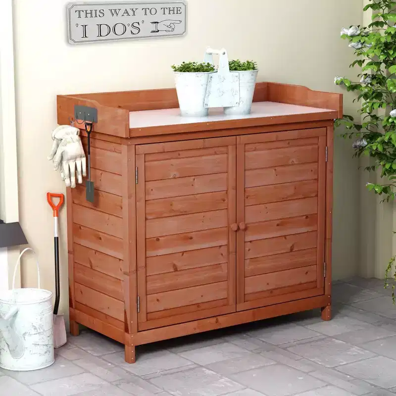 Outdoor Potting Bench with 2-Tier Shelves & Side Hooks, Galvanized Tabletop, Garden Workstation
