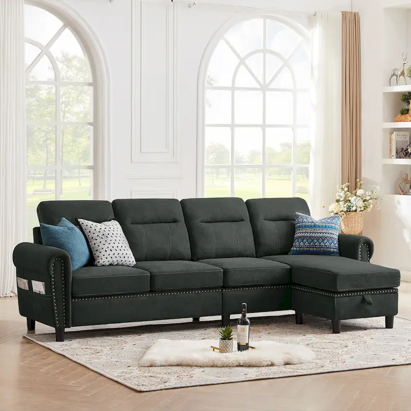 106.69 4 Seater L Shaped Reversible Sectional Sofa with Side Storage Bags