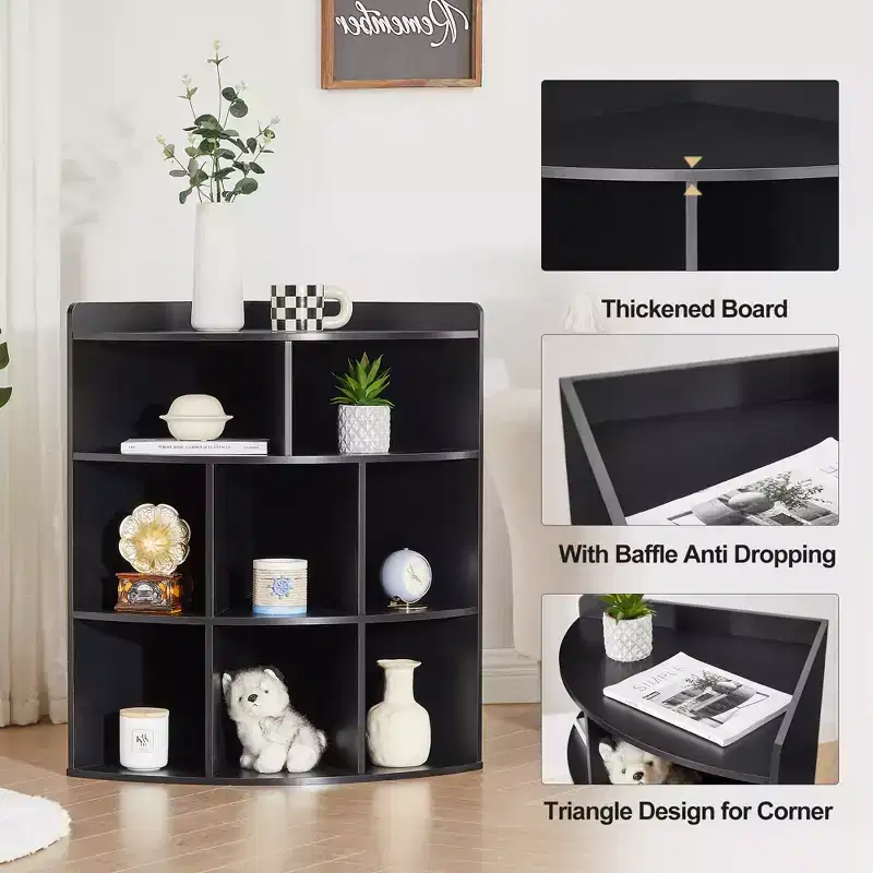 VECELO Corner Cabinet, 3-Tier Cube Storage Organizer, Triangle Bookcases with 8 Cubbies