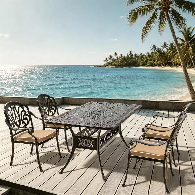 5-Piece Rectangular Cast Aluminum Patio Dining Set for Outdoor Backyard Garden Deck Poolside with Cushions