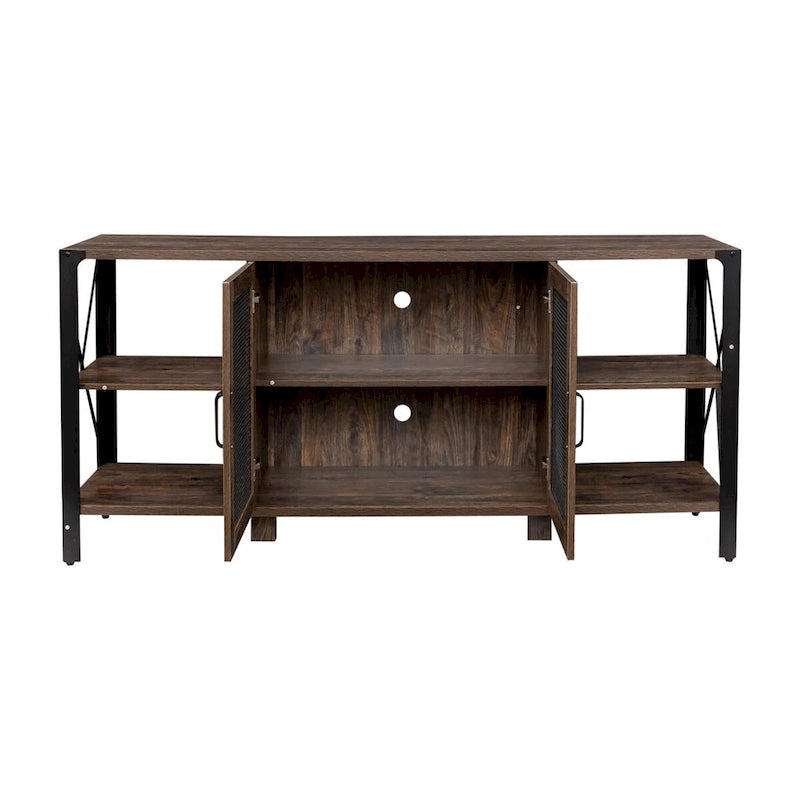 80-Inch Industrial TV Stand – Espresso / Walnut / White, Wood & Metal, Open Shelving with Mesh Door
