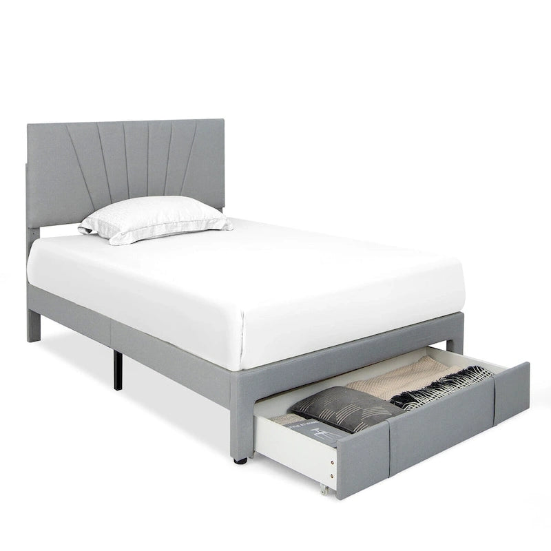 Linen Platform Bed Frame – Grey, Adjustable Headboard, 1 Pull-Out Drawer, Full / Queen, Sleeps 1