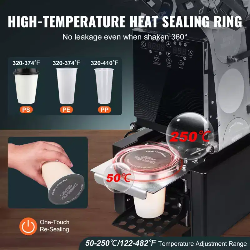VEVOR Fully Automatic Cup Sealing Machine, 500-650 Cups/H, Cup Sealer Machine for 190 mm Tall & 90/95 mm Cup, with Digital Control LCD Panel, Black